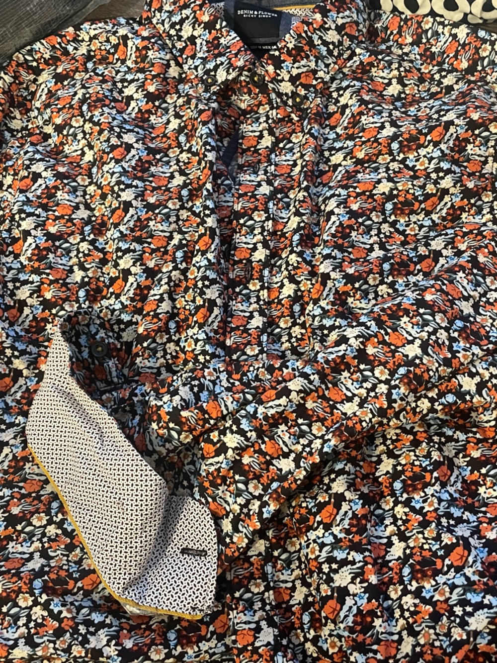 Floral ButtonUp Shirt with Orange,Blue & Cream Print Denim & Flowers long sleeve